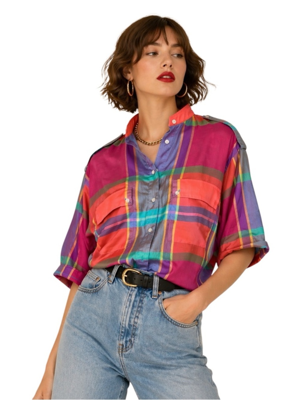 VINTAGE JAEGER VIBRANT PLAID SHORT SLEEVES SHIRT